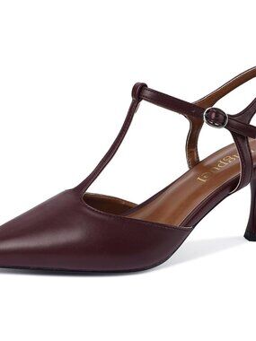 Women's Burgundy PU Kitten Heels Slingback Heels Dressy Pumps Ankle Strap